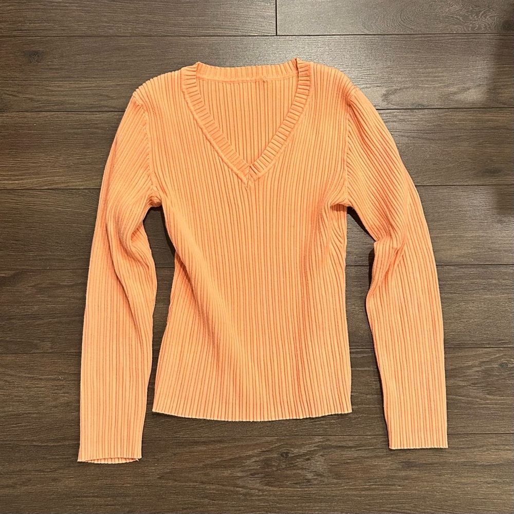 THRIFTED Ribbed V-Neck Sweater - Orange